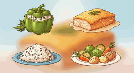 Illustration of a green stuffed bell pepper, salmon with sauce, rice, and vegetables on plates