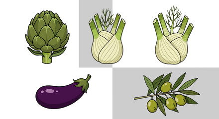Illustration of artichoke, fennel bulbs, eggplant, and olives arranged on a checkered background