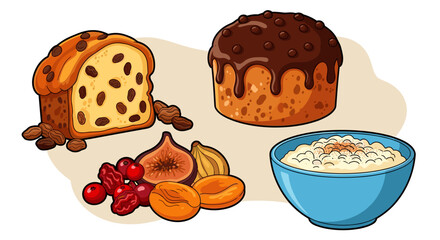 Illustration of cakes with chocolate and raisins, dried fruits and a bowl of porridge on a light background