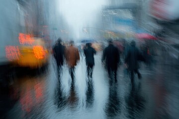 Abstract Urban Scene with Blurred Figures in Rain