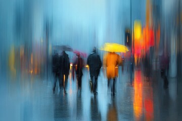 Abstract Urban Scene with Blurred Figures in Rain