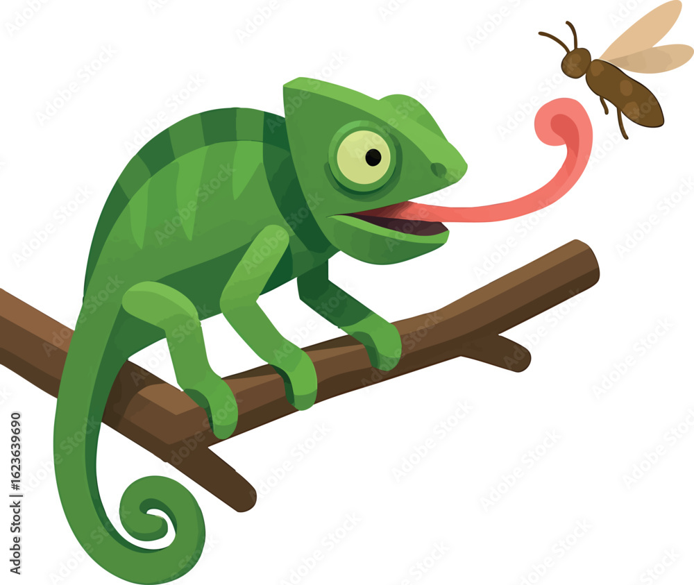 Poster isometric vector chameleon on branch, tongue extended to catch insect, vector-friendly, isolated on 