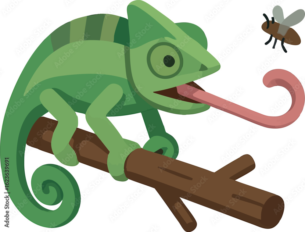 Poster isometric vector chameleon on branch, tongue extended to catch insect, vector-friendly, isolated on 