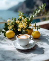Fototapeta premium Cup of cappuccino on marble table with lemons and flowers by the sea