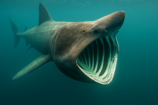Massive basking shark swimming in deep ocean water with wide open mouth filtering plankton, close up marine wildlife photography, underwater sea creature behavior, ocean conservation, giant fish speci