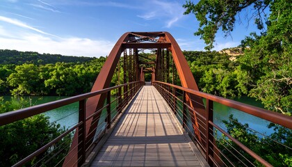 Rustic Bridge Spanning River with Lush Greenery and Blue Sky