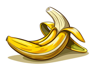 A peeled banana half resting on flat white background