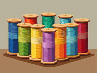 Colorful sewing threads in a row, placed on neutral background for textile or fashion concept