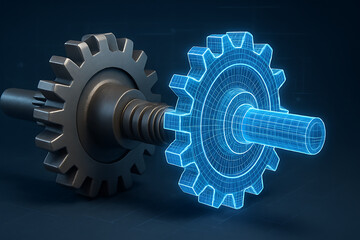 Mechanical gear merging with holographic digital gear blueprint, technology engineering concept, innovation industrial design, futuristic machine part integration, cyber manufacturing automation illus