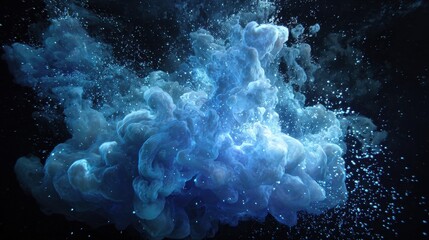 Abstract Cloud Formation Underwater with Luminescent Glow and Shimmering Bubbles in Blue
