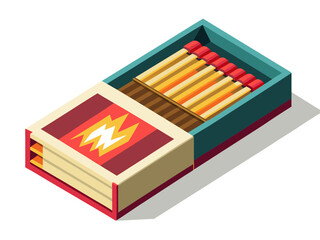 Minimal matchbox with open drawer revealing red-tipped matches, clean and graphic object on white