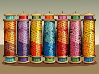 Colorful sewing threads in a row, placed on neutral background for textile or fashion concept