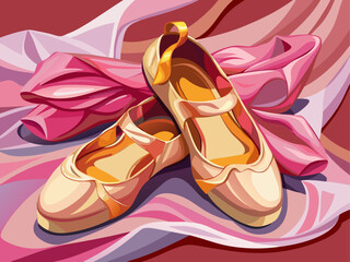 An elegant pair of ballet shoes, placed softly on pink fabric background