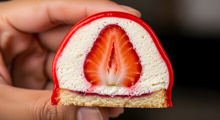 Artistic Close-Up of Strawberry Treat with Cream and Syrup