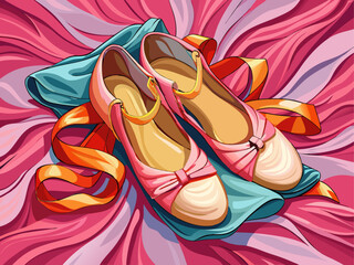 An elegant pair of ballet shoes, placed softly on pink fabric background