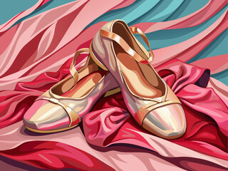 An elegant pair of ballet shoes, placed softly on pink fabric background