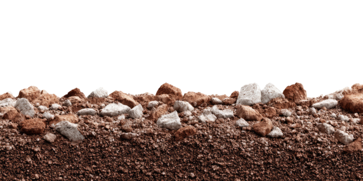 A horizontal band of brown earth with various sized rocks