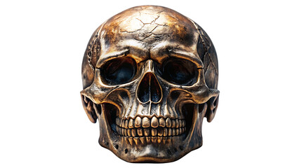 Detailed Bronze Skull Sculpture Front View Isolated on Transparent Background