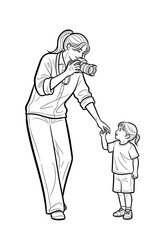Obraz premium Illustration of a children’s photographer capturing moments with a child in a playful setting, monochrome black and white, copy space