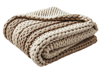 Cozy knitted throw blanket in beige and brown isolated on transparent background