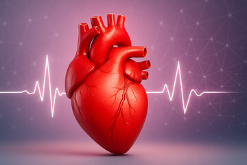 Human heart with electrocardiogram pulse line, 3d medical illustration of cardiovascular system, anatomy of heart organ, heartbeat rhythm healthcare concept, cardiology science and health monitoring b