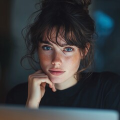 frau, schönheit, gesicht, haar, auge, person, gestalten, leitbild, leute, 1, lächeln, kopf, black, brünett, lächelnd, haut, lippen, close up, mädchen, sad, ausdruck, jugend, make-up, dark
