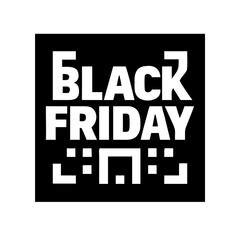 Black Friday icon with black QR code ribbon and coupon on transparent background