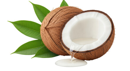 Isolated Fresh Coconut with Leaf and Dripping Milk