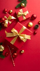 Red gifts with gold ribbons on red background