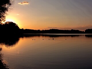 Naklejka premium Tranquil sunset over a calm lake with tree silhouettes – peaceful nature scenery.