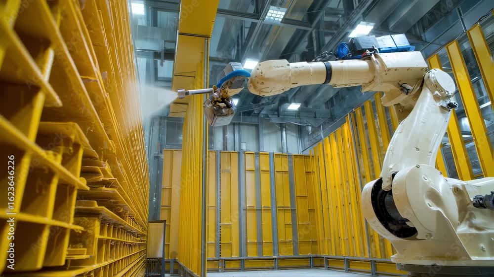 Poster automated robotic arm is applying a coat of yellow paint to metal structures in a modern factory, sh