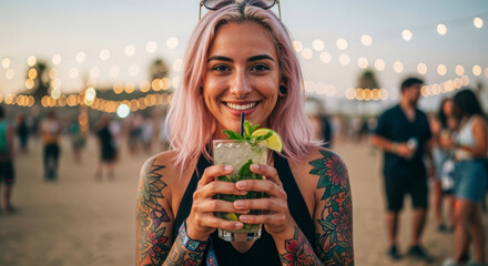 Portrait of happy alternative young latina woman with pink hair and tattoos holding drink and smiling while looking at camera at summer music festival on the beach