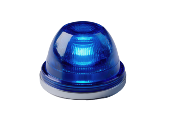 Close-up of a round, blue LED light.  Dome-shaped, clear plastic housing with a vibrant blue interior.  Small, circular light source.  High quality image