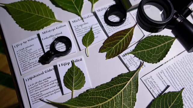 Botanical researcher closely studying plant leaf specimens, magnifying intricate details while cross referencing scientific literature for species classification and structural analysis