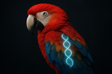 Naklejka premium A stunning macaw with a digital DNA strand on its wing. Represents genetics, biodiversity, conservation science, and avian biology.