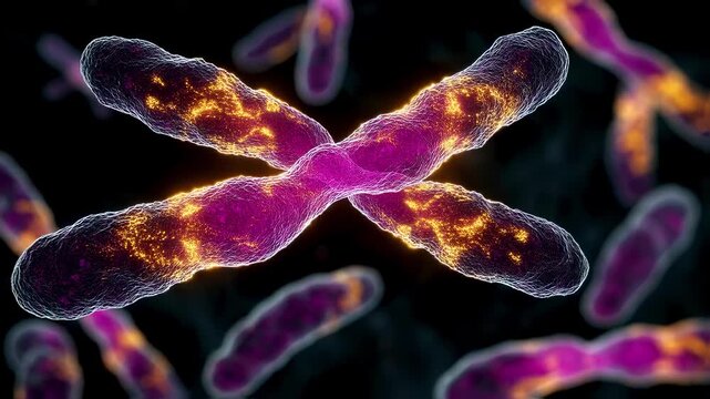 Microscope view of chromosomes with a glowing third copy of chromosome 21 representing genetic mutation behind Down syndrome.