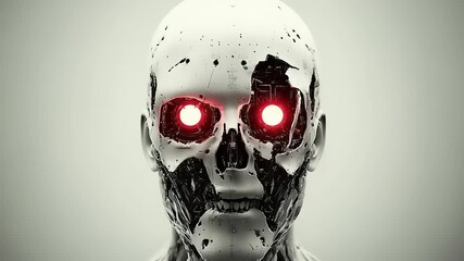 Striking portrayal of a cyborg head with glowing red eyes, futuristic concept - Powered by Adobe