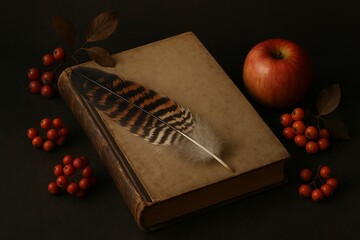 Autumnal still life with an old book, a bird feather, an apple, and rowanberries