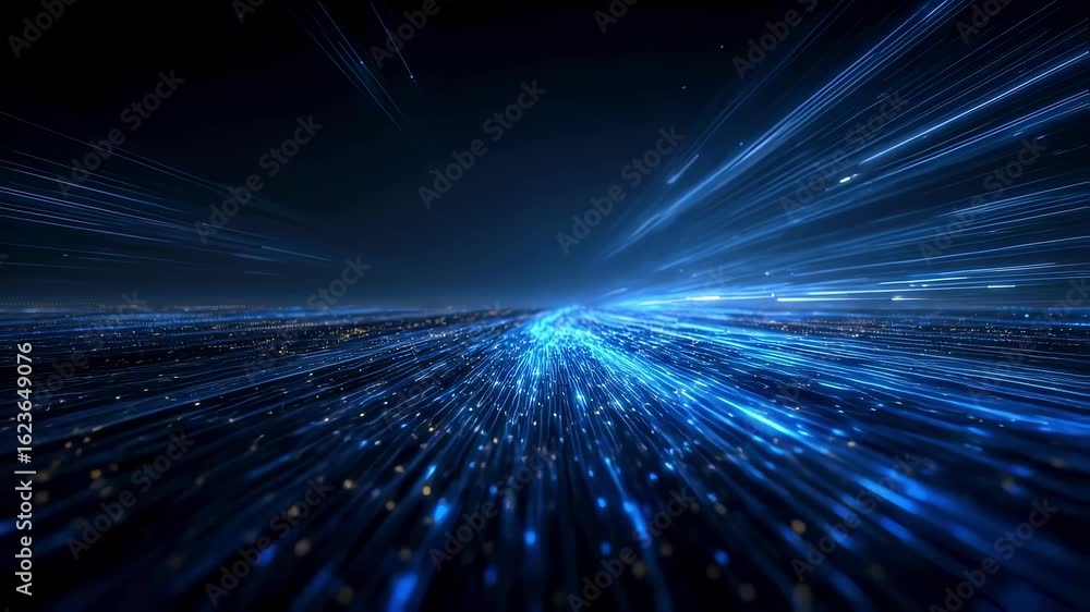 Poster a rich blue setting hosts a symphony of glowing lines signifying the evolution and speed of communic