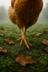 Close-up of chicken's feet walking on dewy grass with autumn leaves