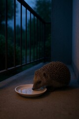 Shy hedgehog drinking milk from a saucer on a balcony at twilight