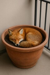 Adorable red fox sleeping peacefully curled up in a large terracotta plant pot on a balcony