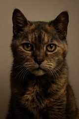Intense studio portrait of a serious tortoiseshell cat with golden eyes