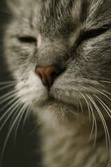 Extreme macro shot of a sleepy grey cat's nose and whiskers