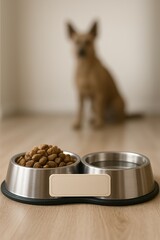 Stainless steel dog bowl with food and water, with a dog waiting patiently in the background