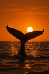 Silhouette of a humpback whale's tail splashing at sunset