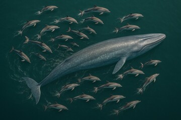 Massive blue whale swimming gracefully, surrounded by a playful pod of dolphins
