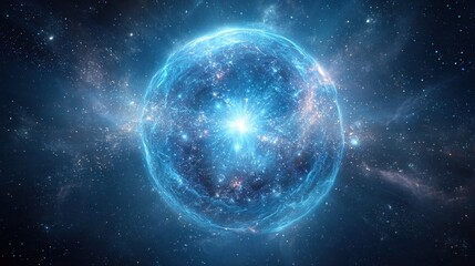 Obraz premium Abstract Glowing Blue Orb Surrounded by Cosmic Energy and Twinkling Stars in Deep Space