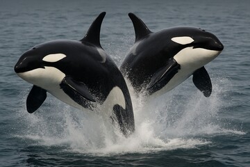 Two majestic orcas breaching in unison in the open ocean