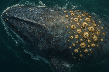 Macro detail of a whale's skin covered in barnacles in the deep blue ocean